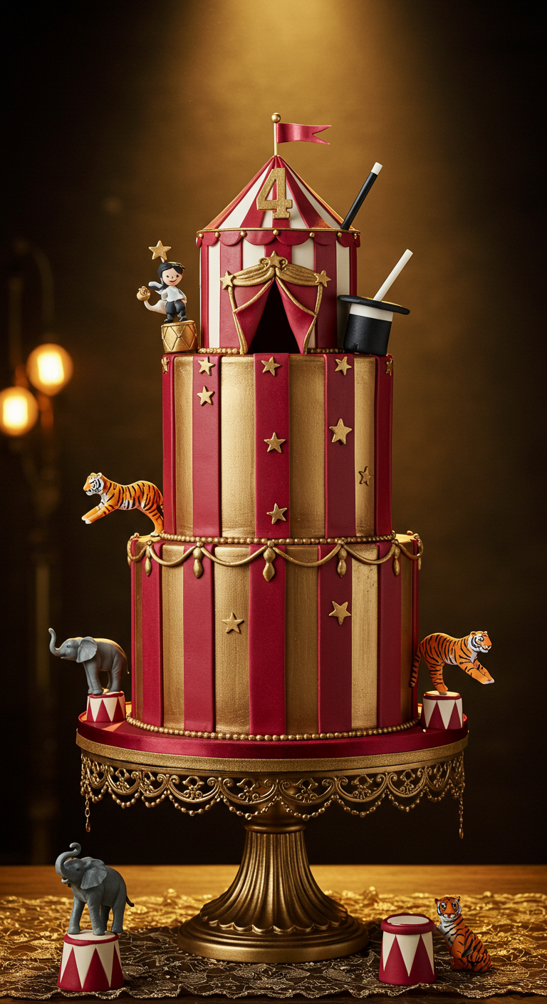 Dreistöckige rot-goldene Zirkustorte mit Zelt-Topper und Tierfiguren.