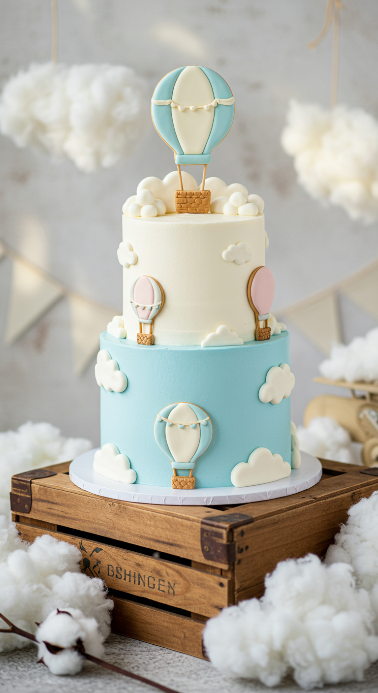 Zweistöckige Buttercreme-Torte mit Heißluftballon-Keksen und Zuckerwolken.