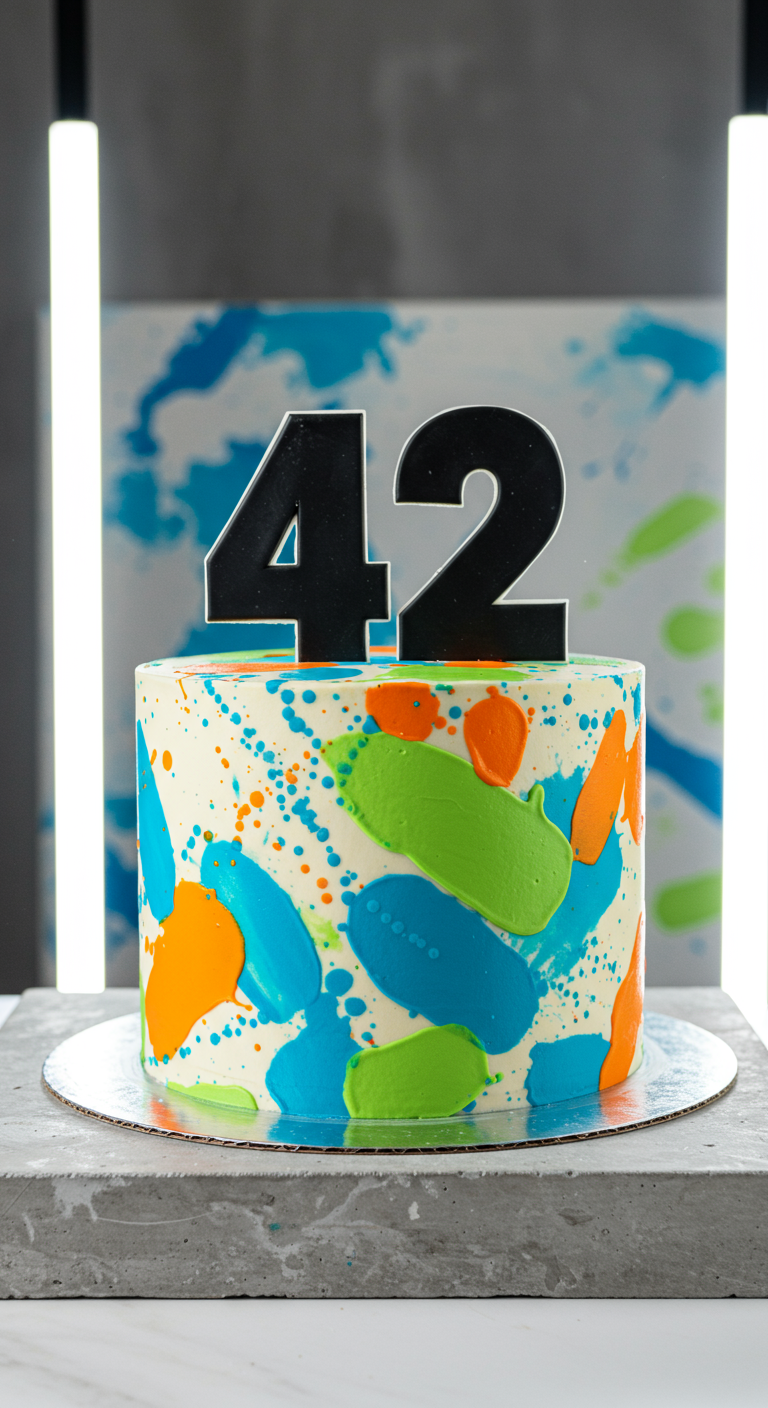 Weiße Torte mit bunten Farbklecksen in Blau, Grün, Orange und großer schwarzer Zahl 42.
