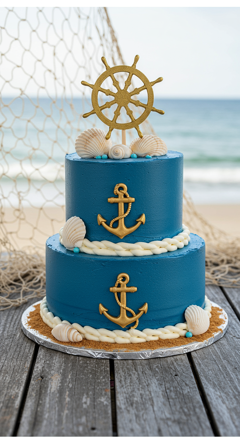 Zweistöckige blaue Torte mit maritimer Deko: Anker, Muscheln, Steuerrad-Topper.