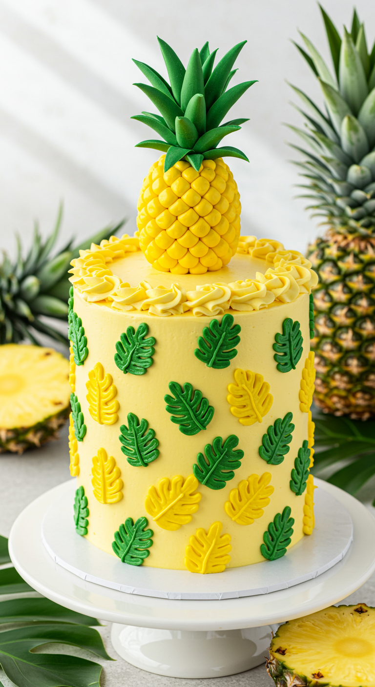 Gelbe Ananas-Torte mit Buttercreme-Blättern und Fondant-Ananas-Topper.
