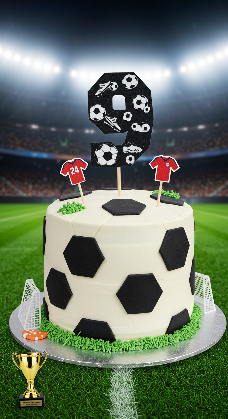Fußball-Torte mit Sechsecken, Trikot-Toppern und einem Fußballtor im Hintergrund.