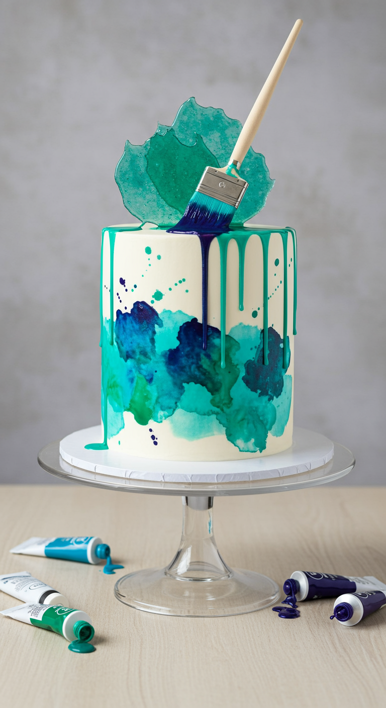 Weiße Torte mit blau-türkisen Aquarell-Effekten, Drip-Glasur und Farbpaletten-Deko.