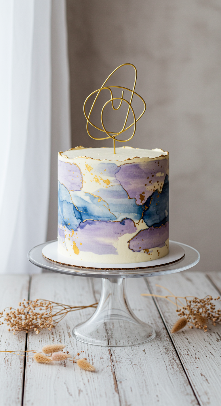 Hohe Torte mit lila-blauem Aquarell-Effekt, Goldakzenten und abstraktem Gold-Topper
