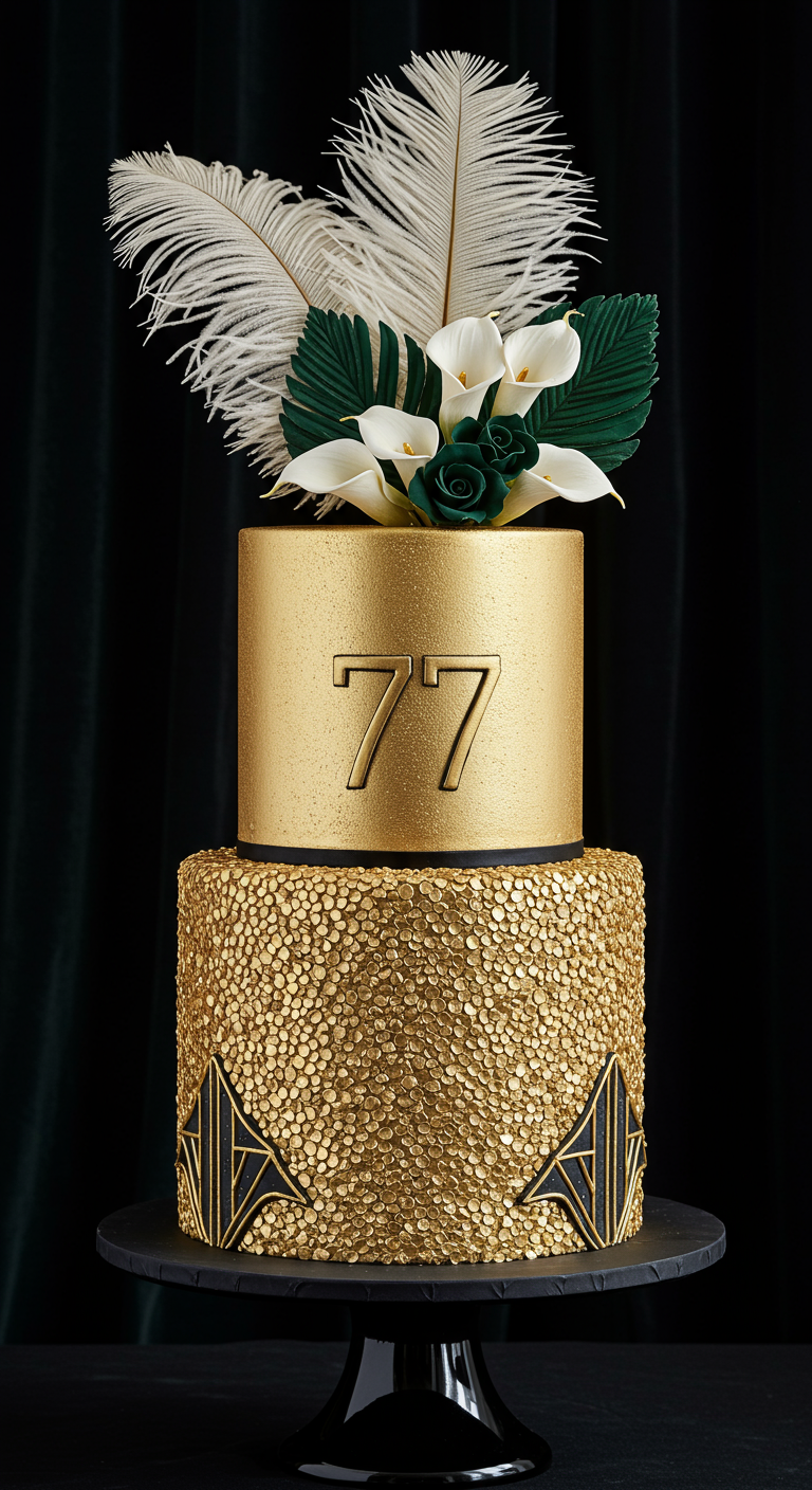 Zweistöckige goldene Torte im Art-Déco-Stil mit Pailletten und weißen Federn.