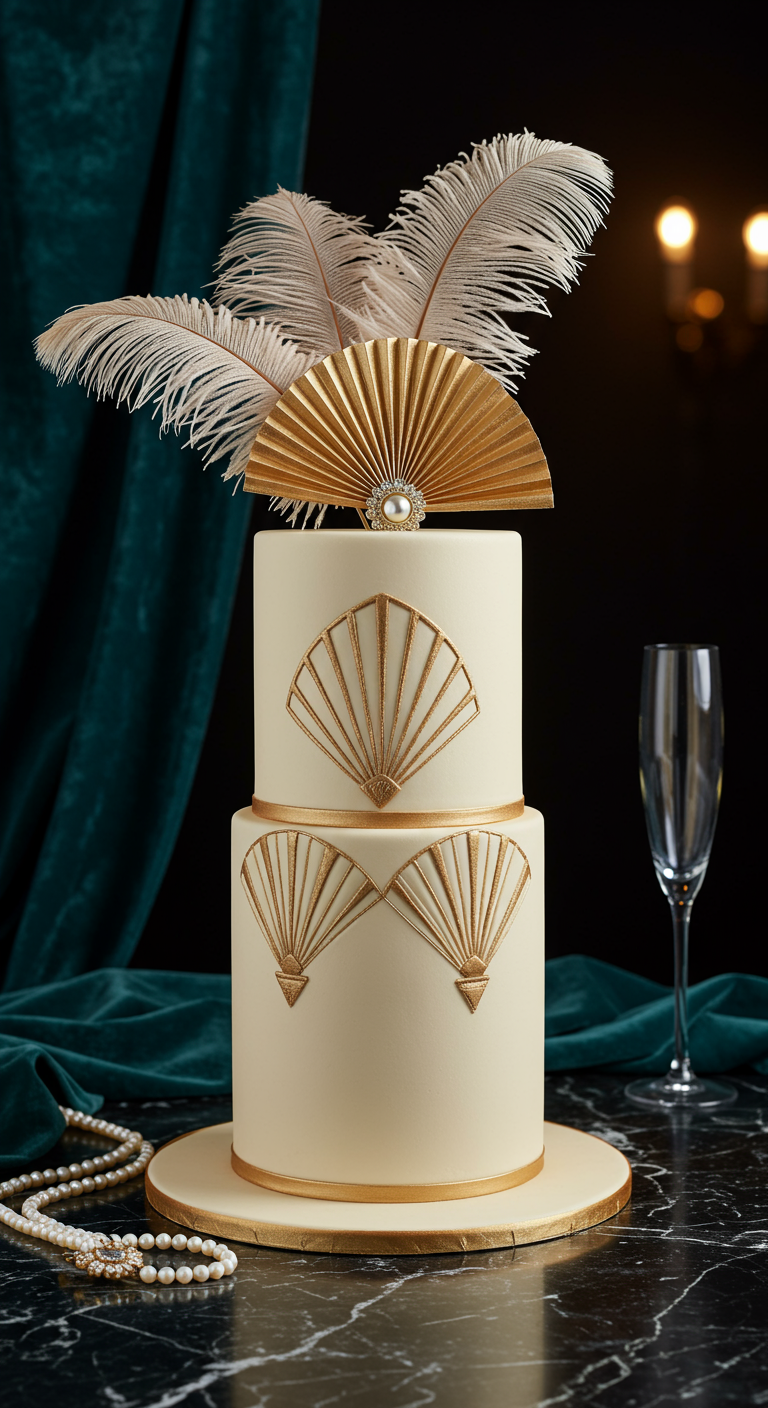Zweistöckige cremefarbene Torte mit goldenen Art-Déco-Fächermotiven und Straußenfedern.