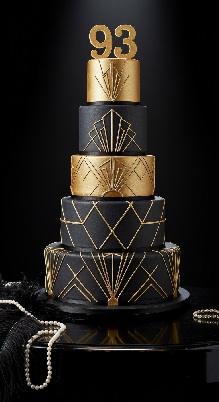 Hohe, mehrstöckige Torte in Schwarz und Gold mit geometrischen Art-Déco-Mustern und der Zahl 93 als Topper.