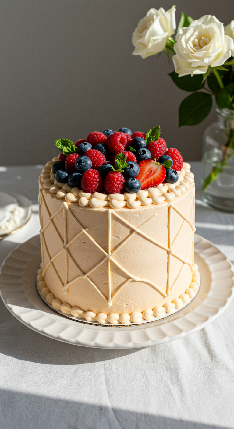Cremefarbene Torte mit geometrischem Muster und einem üppigen Topping aus frischen Beeren.