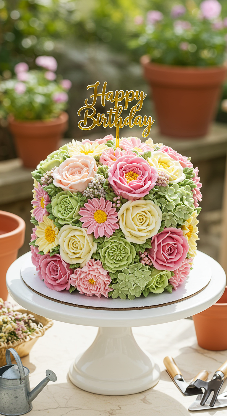 Runde Torte komplett mit Buttercreme-Blumen in Rosa, Gelb und Grün dekoriert.