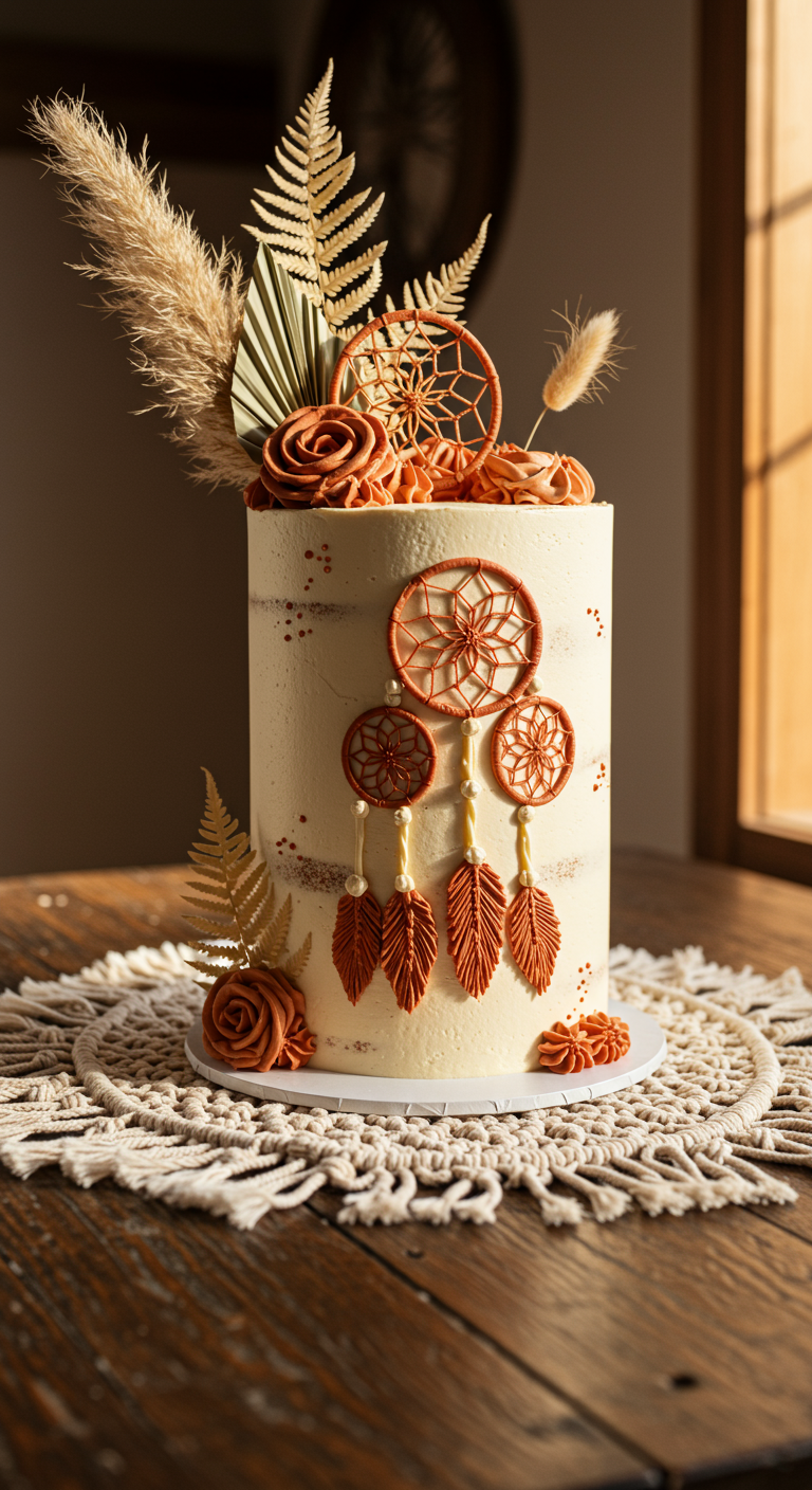 Hohe Torte mit beiger Buttercreme, dekoriert mit Traumfängern und Trockenblumen.
