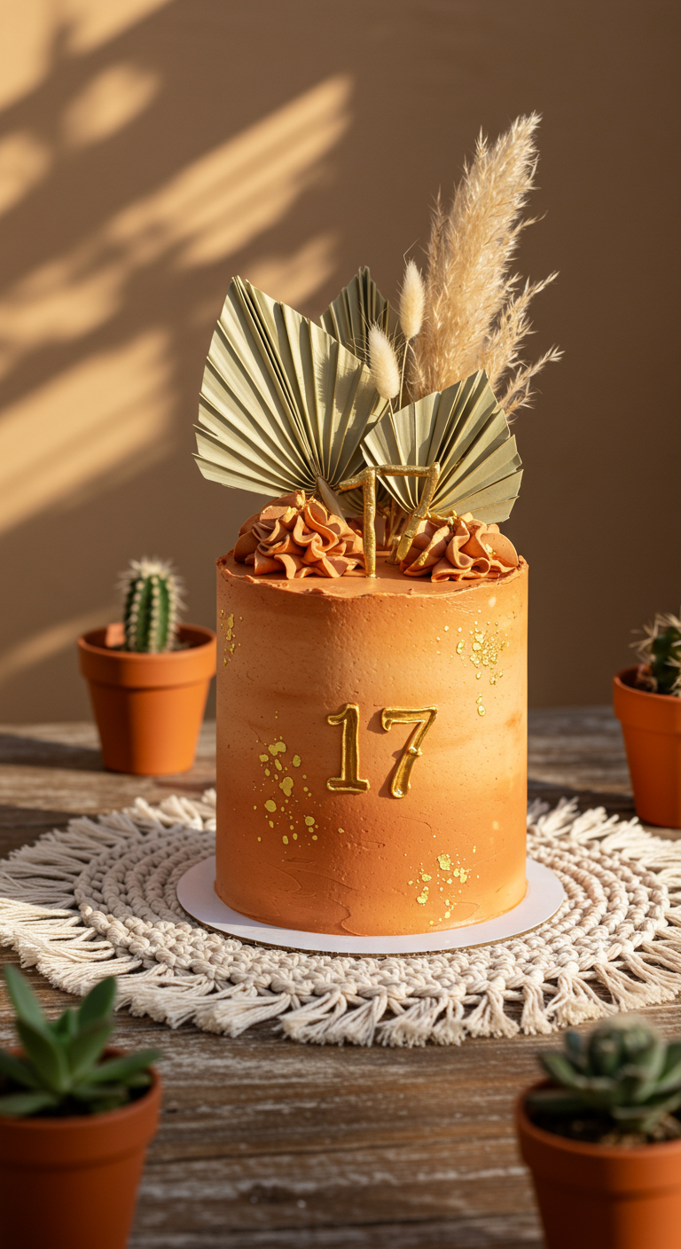 Terrakottafarbene Torte mit getrockneten Palmblättern und goldener Zahl 17.