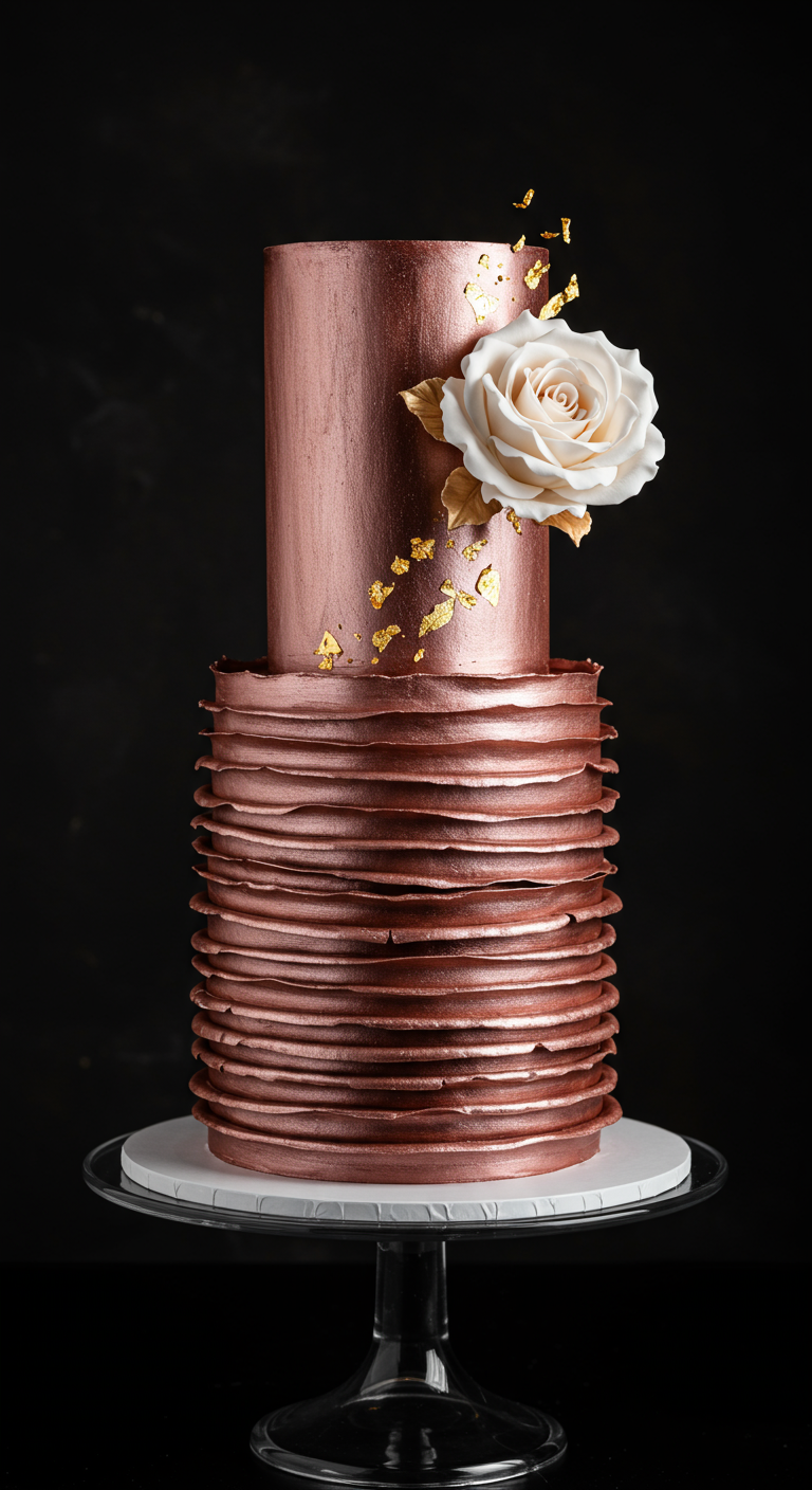 Zweistöckige Torte in Bronze-Metallic, obere Etage glatt, untere mit Rüschen, dekoriert mit Goldflocken und einer Rose.