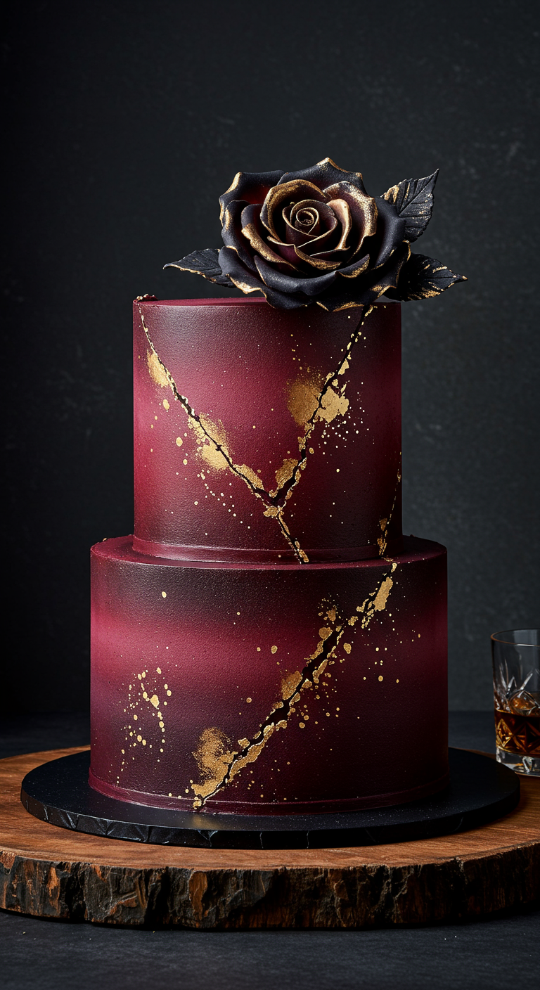 Zweistöckige burgunderrote Torte mit goldenem Krakelee-Effekt und schwarz-goldener Rose.