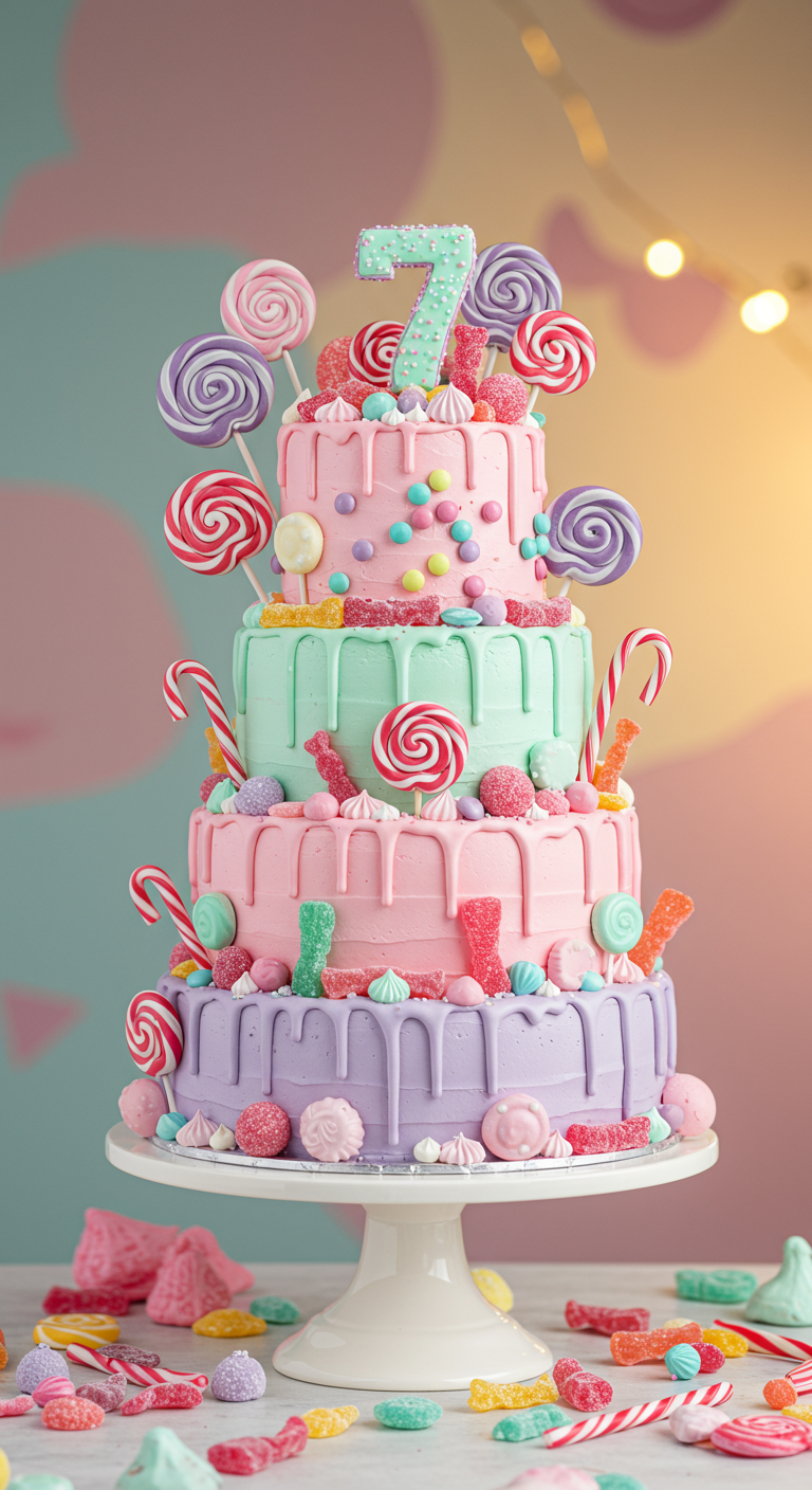 Mehrstöckige Torte in Pastellfarben, überladen mit Lollis und Süßigkeiten.