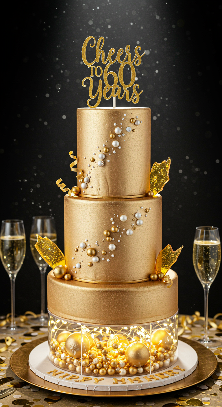 Dreistöckige goldene Torte mit „Cheers to 60 Years“-Topper und Bubbles-Deko.