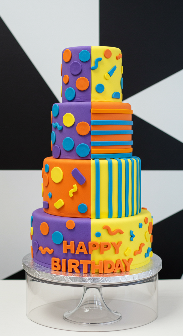 Vierstöckige Torte mit zweigeteiltem Memphis-Design: Punkte und Streifen.