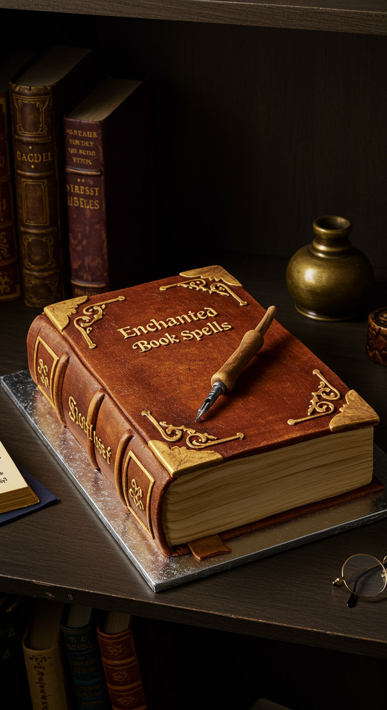Torte in Form eines alten Buches mit Ledereinband, goldenen Details und der Aufschrift 'Enchanted Book Spells'.
