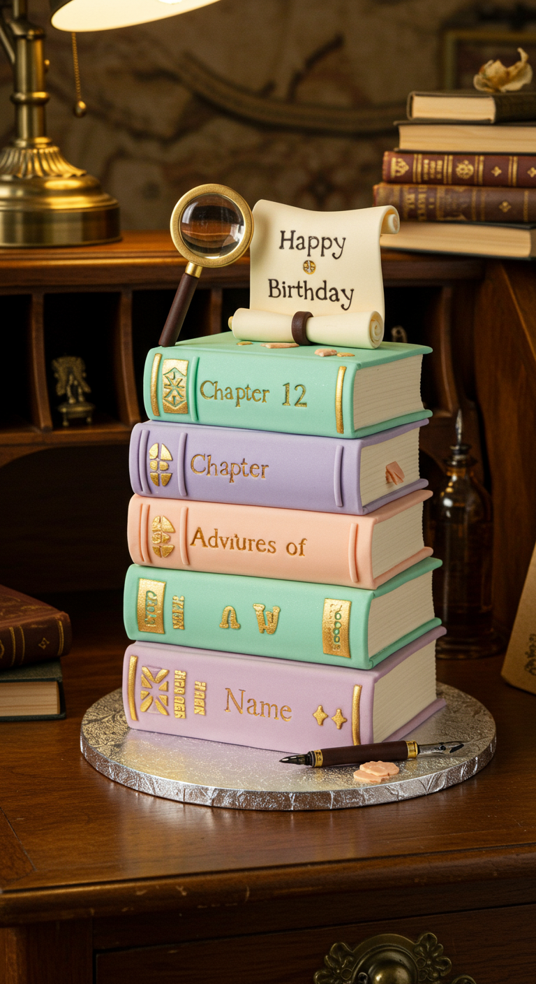 Torte in Form eines Stapels bunter Bücher mit goldenen Details und