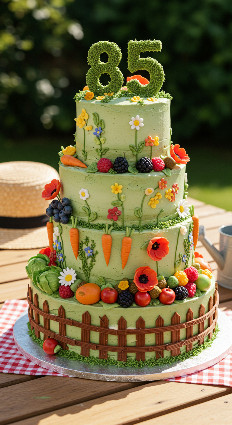 Vierstöckige grüne Torte dekoriert mit Zucker-Gemüse, Blumen und einer Moos-85.