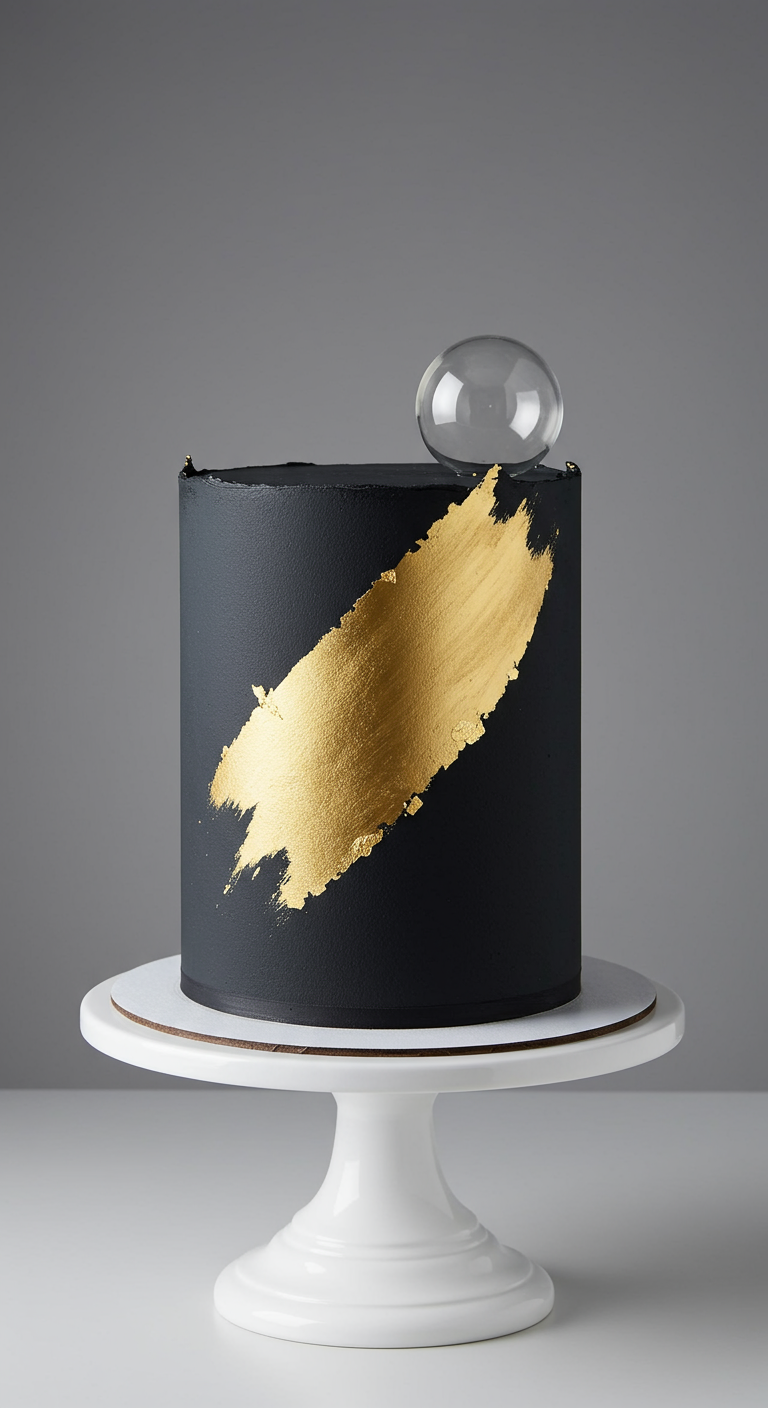 Schwarze, zylindrische Torte mit breitem, goldenem Pinselstrich und einer klaren Kugel obendrauf.