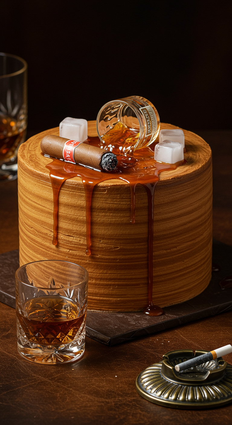Torte in Form eines Whiskeyfasses mit Karamell-Drip, Eiswürfeln und Zigarre.