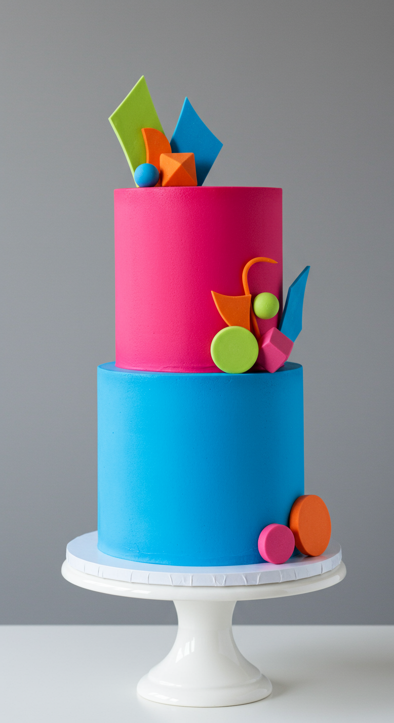 Zweistöckige pink-blaue Torte mit bunten geometrischen Formen.