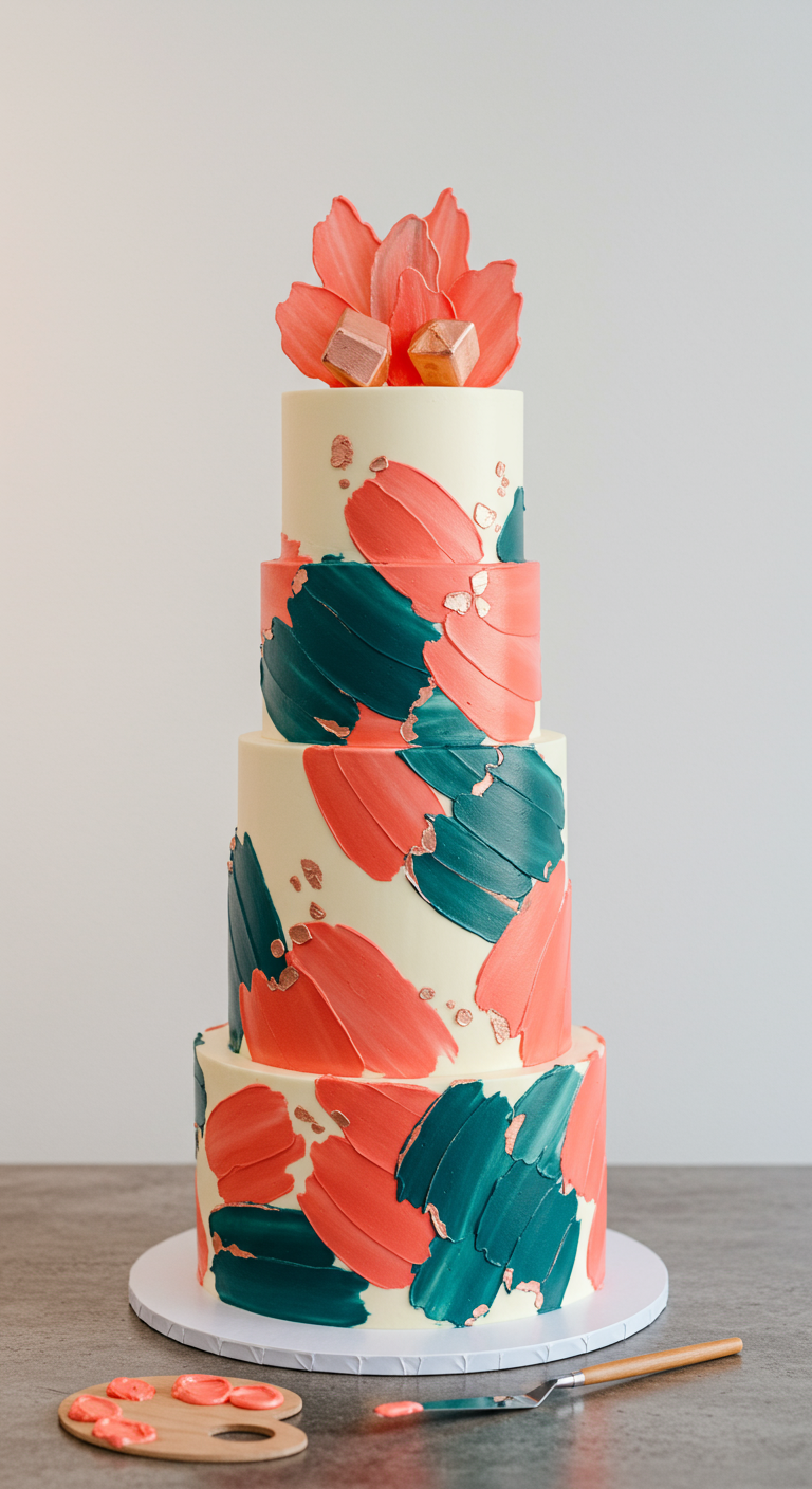Vierstöckige Torte mit breiten Pinselstrichen in Koralle und Petrol, Goldakzenten und korallfarbener Blüte.