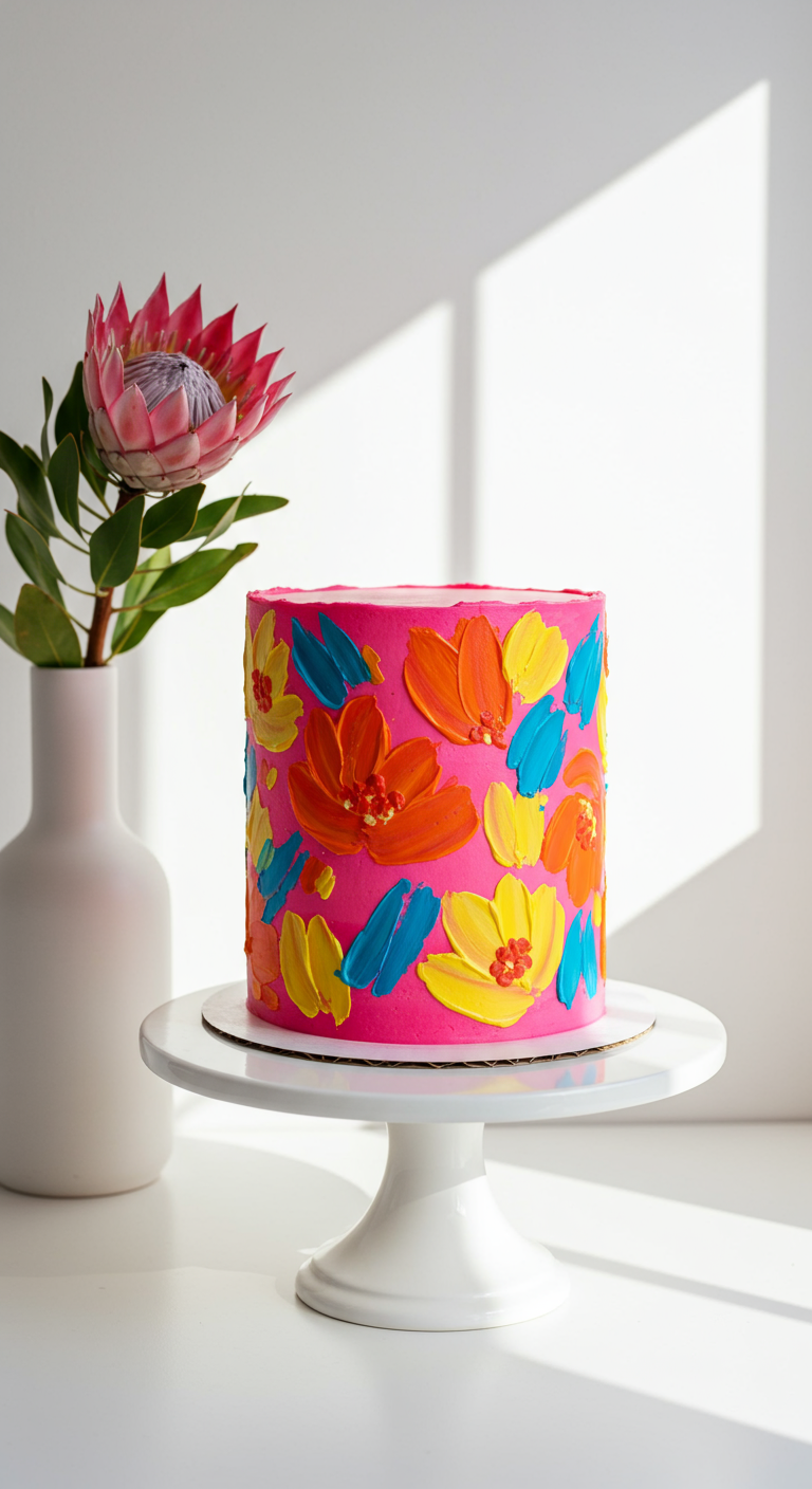 Leuchtend pinke Torte mit abstrakt gemalten bunten Blumen.