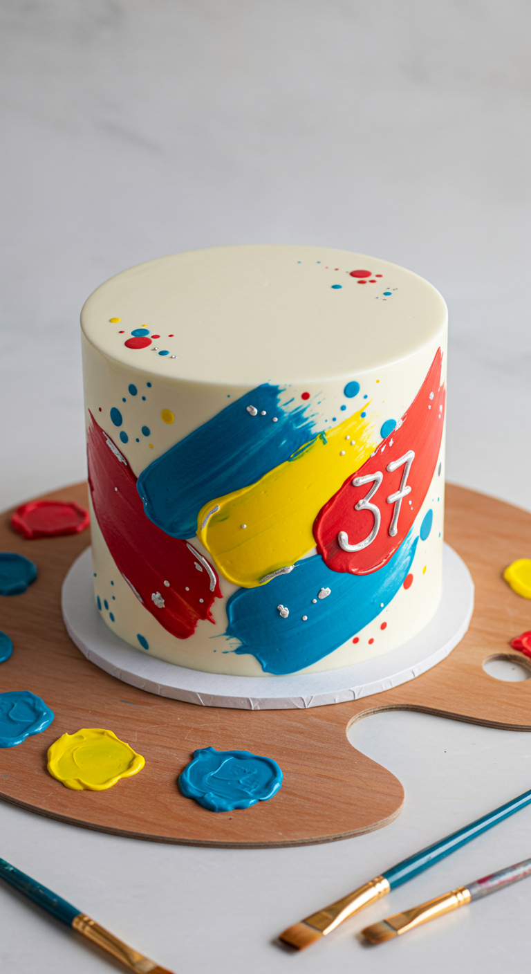 Weiße Torte mit bunten Farbklecksen (Rot, Gelb, Blau) und silberner „37“.