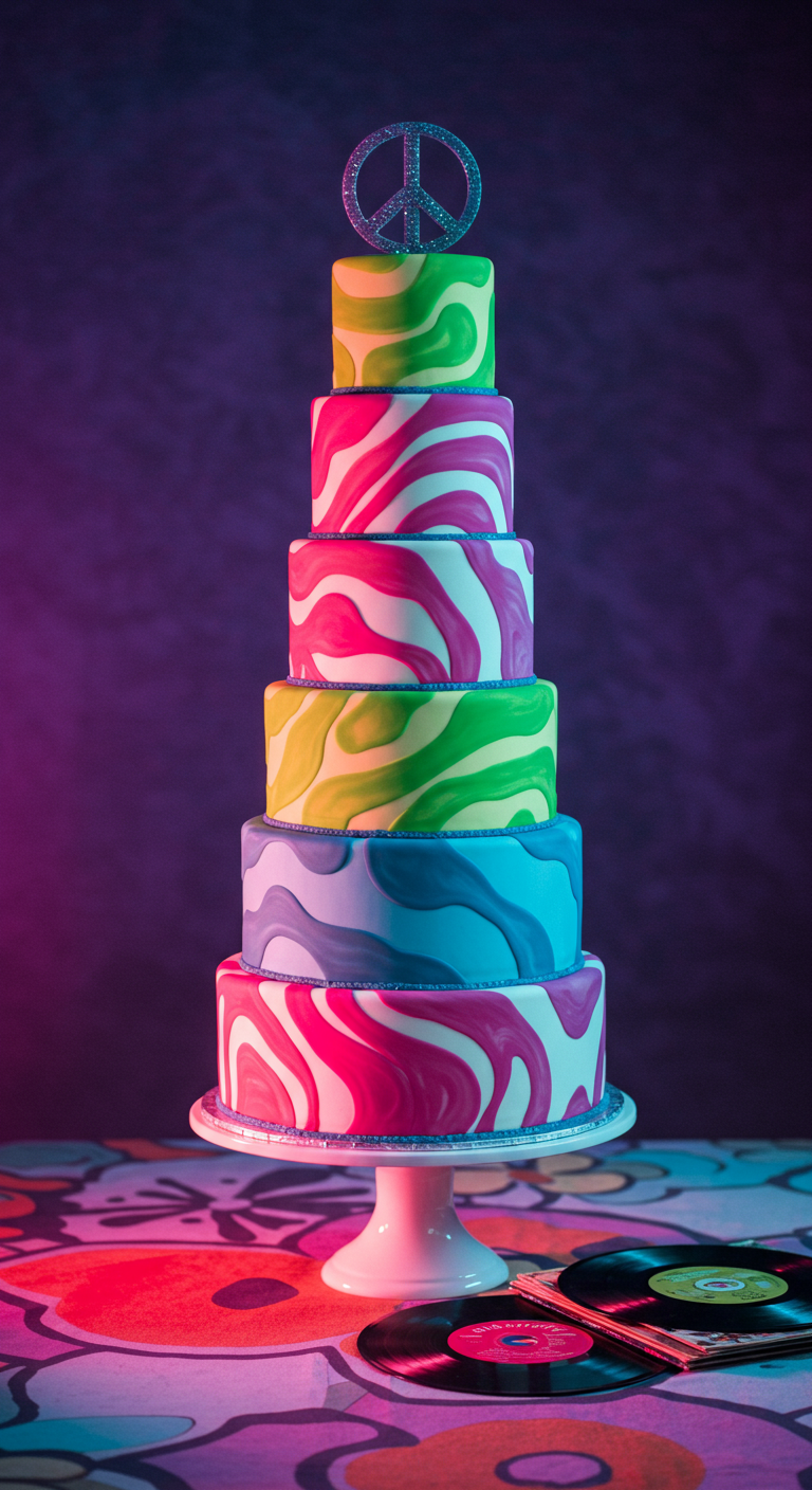 Hohe, mehrstöckige Torte mit psychedelischem Marmor-Muster und Peace-Zeichen-Topper.