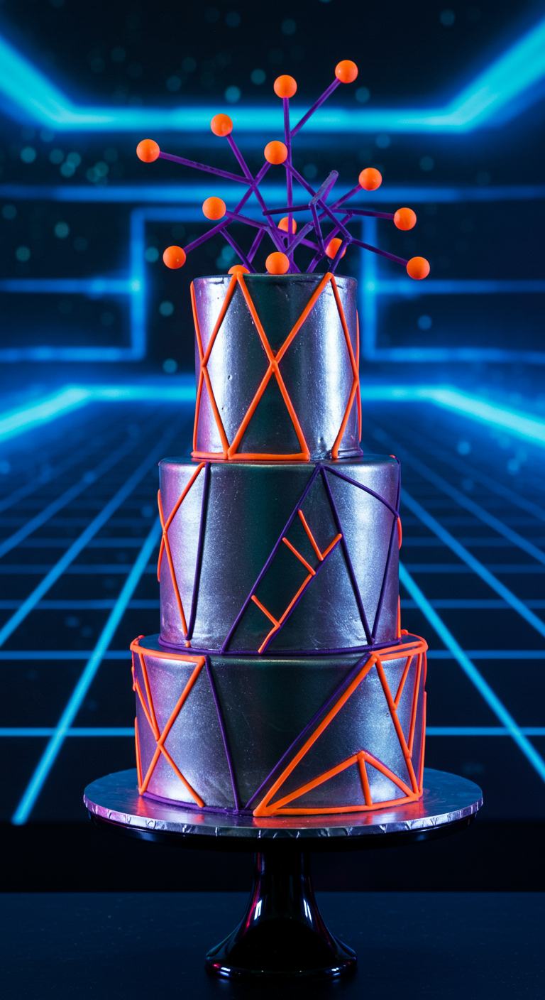 Dreistöckige metallisch-graue Torte mit orangen geometrischen Linien.