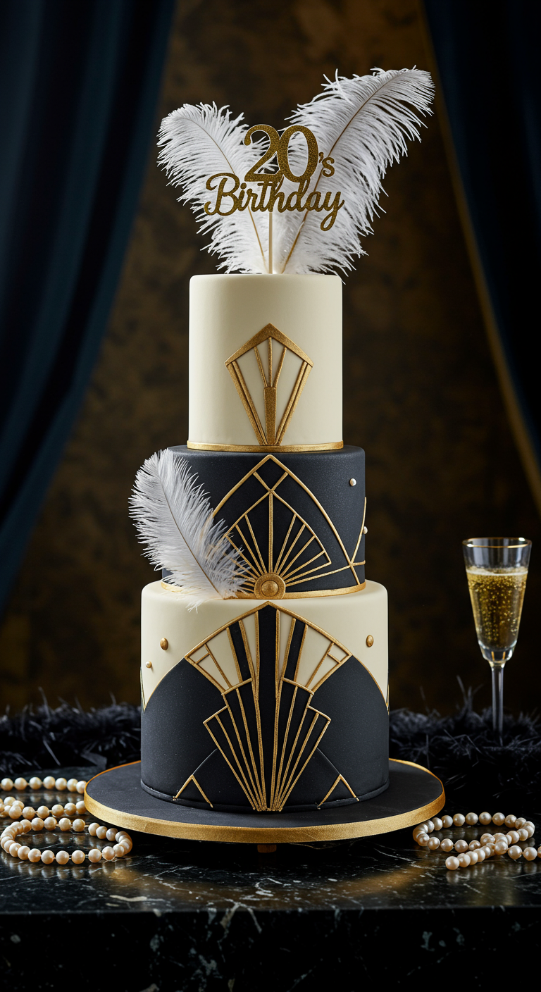 Dreistöckige Art-Deco-Torte in Schwarz, Weiß und Gold mit Federn und Perlen.