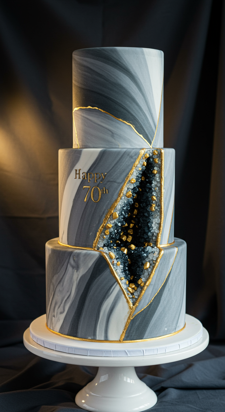 Dreistöckige graue Marmor-Torte mit einem golden umrandeten Geoden-Ausschnitt voller Kristalle.
