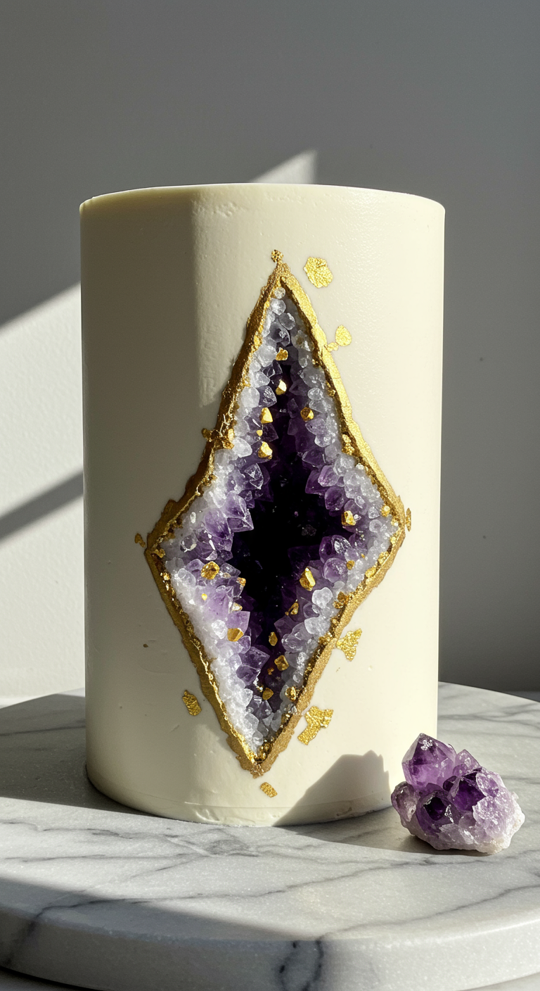 Weißer, hoher Kuchen mit lila Amethyst-Geode aus Zuckerkristallen und Goldrand.