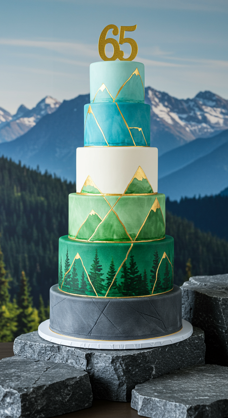 Fünfstöckige Torte als Berglandschaft mit Goldlinien.
