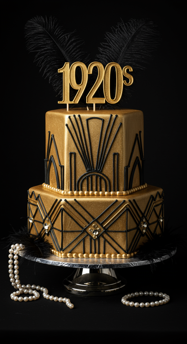 Zweistöckige gold-schwarze Torte im Art-Déco-Stil mit „1920s“ Topper.