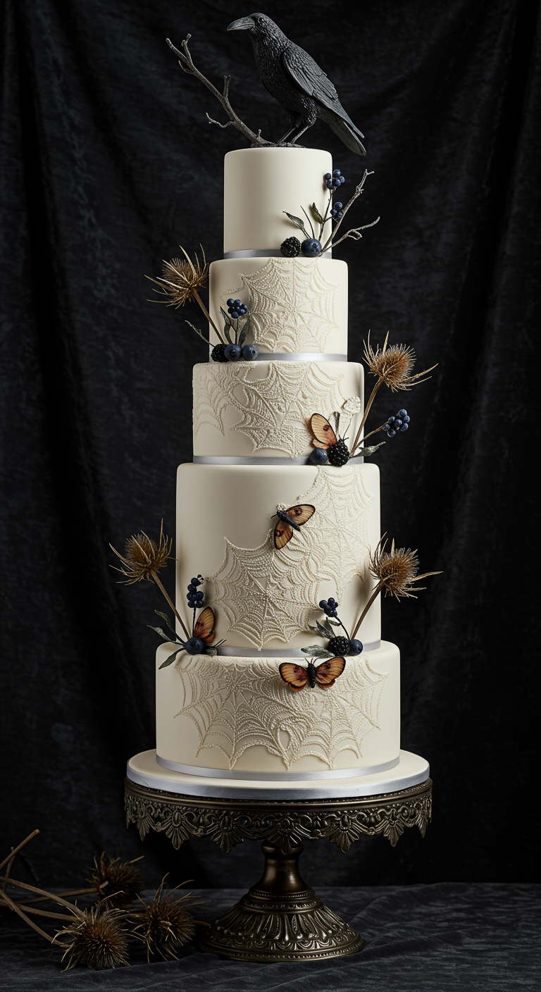 Mehrstöckige weiße Torte mit Spinnweben-Muster, dunklen Beeren und Rabenfigur.