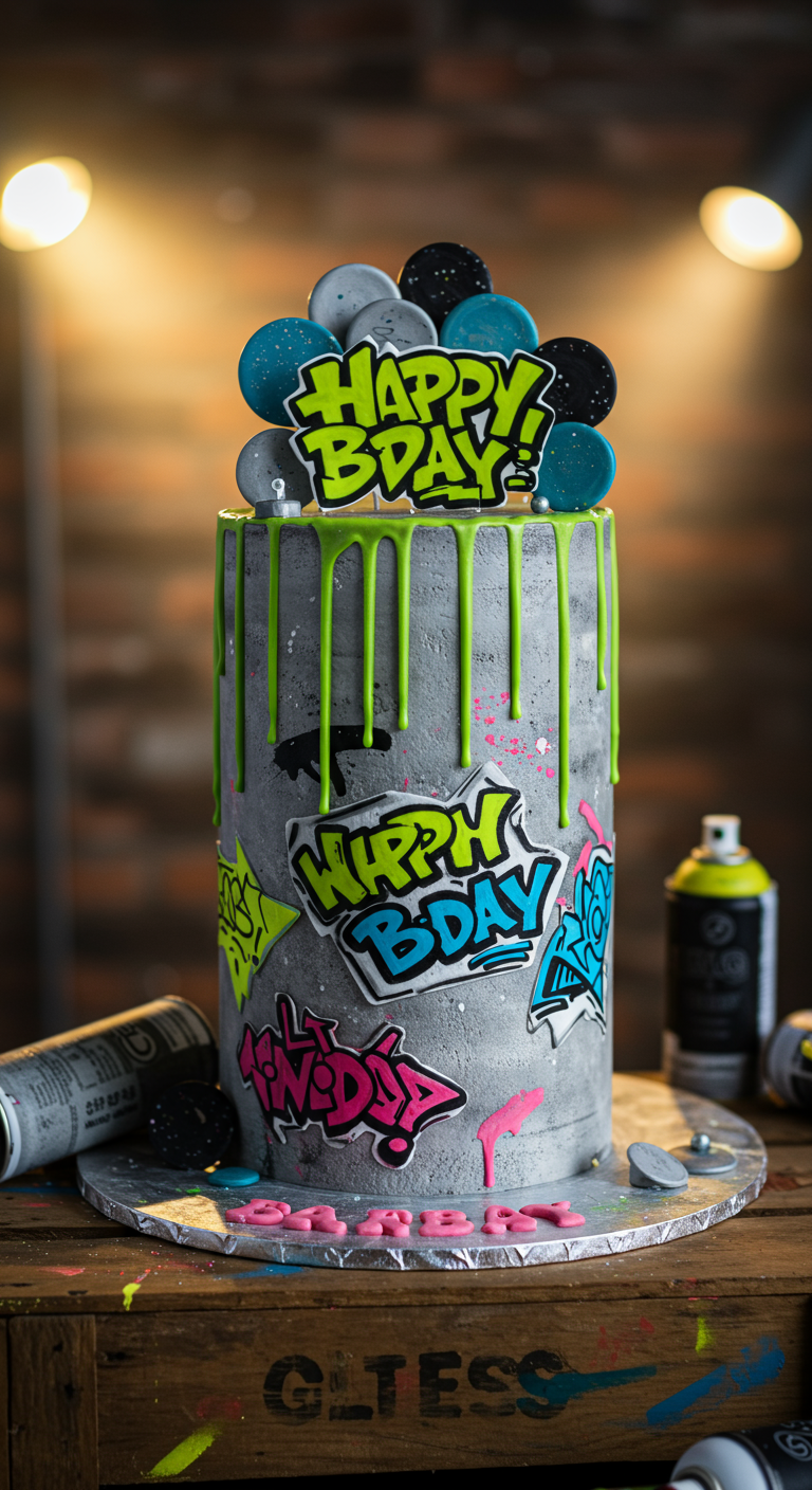 Graue Y2K-Torte im Beton-Look mit bunten Graffiti-Tags und grünem Drip.
