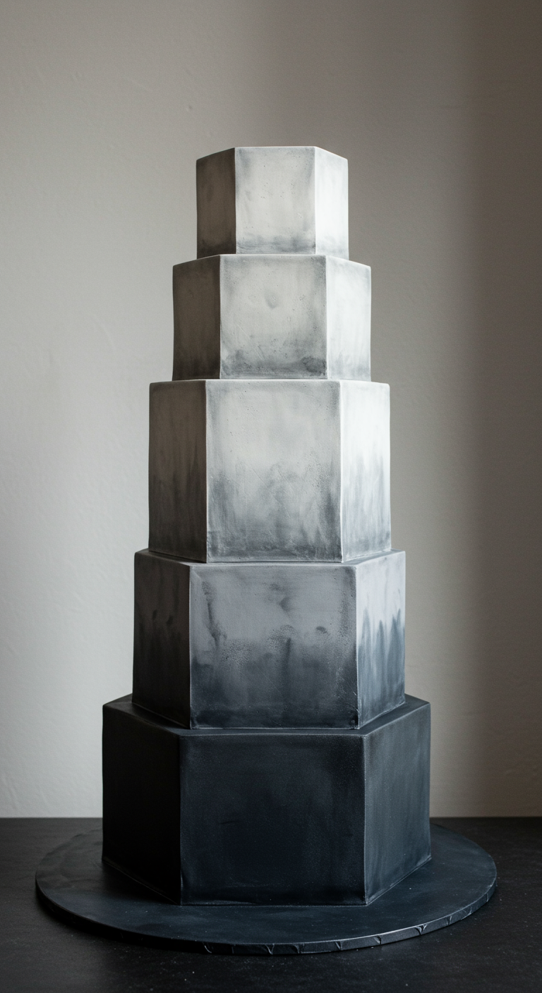 Hohe Torte aus gestapelten Sechsecken mit grauem Ombré-Farbverlauf.