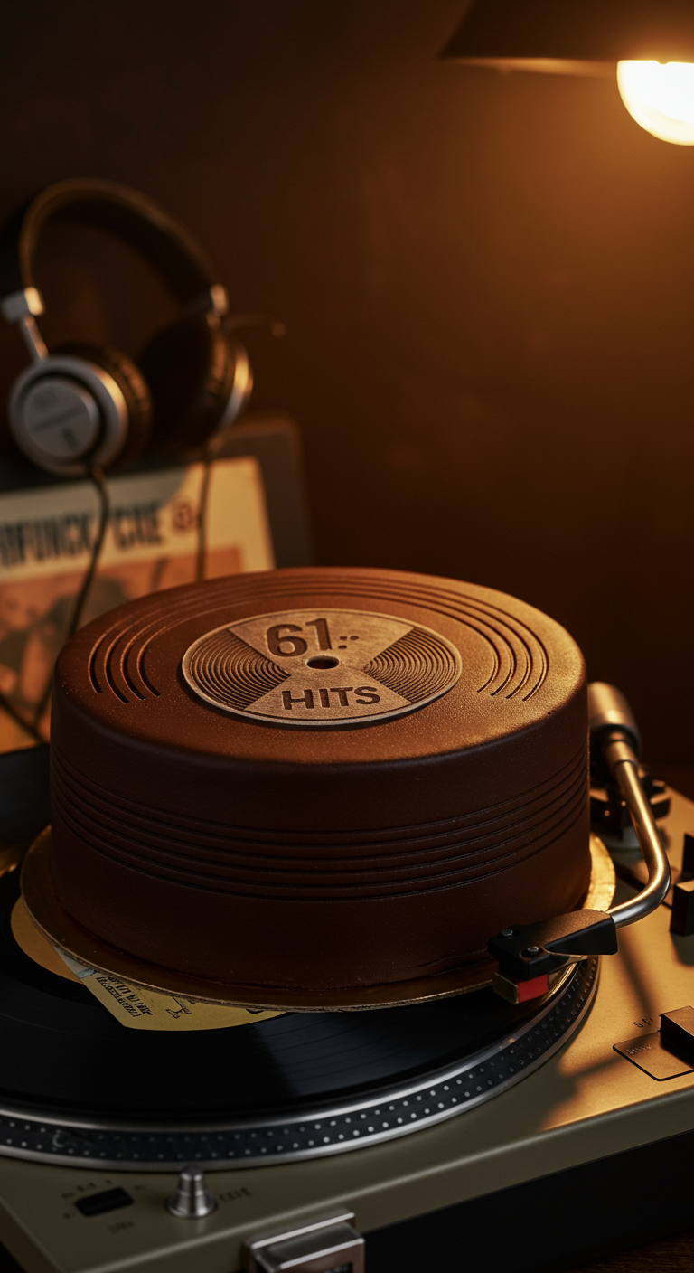 Schokoladentorte in Form einer Schallplatte mit der Aufschrift „61 Hits“.