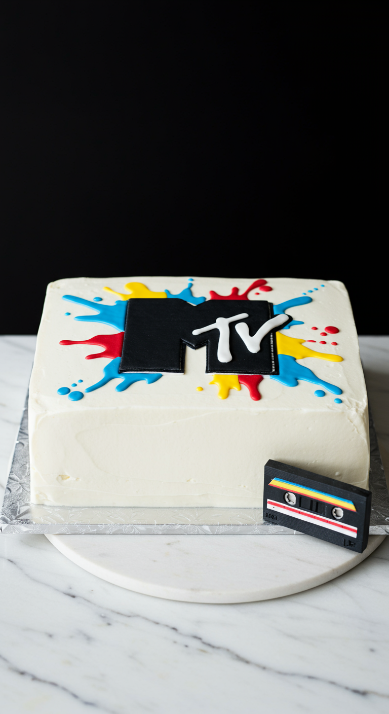 Weiße rechteckige Torte mit dem MTV-Logo und bunten Farbspritzern.