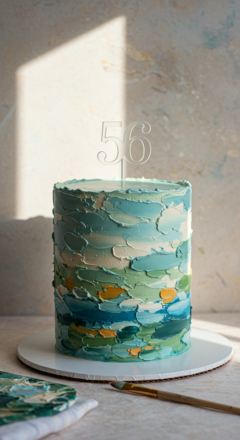 Hohe Torte mit texturierter Buttercreme in Blau-, Grün- und Gelbtönen im Impasto-Stil.