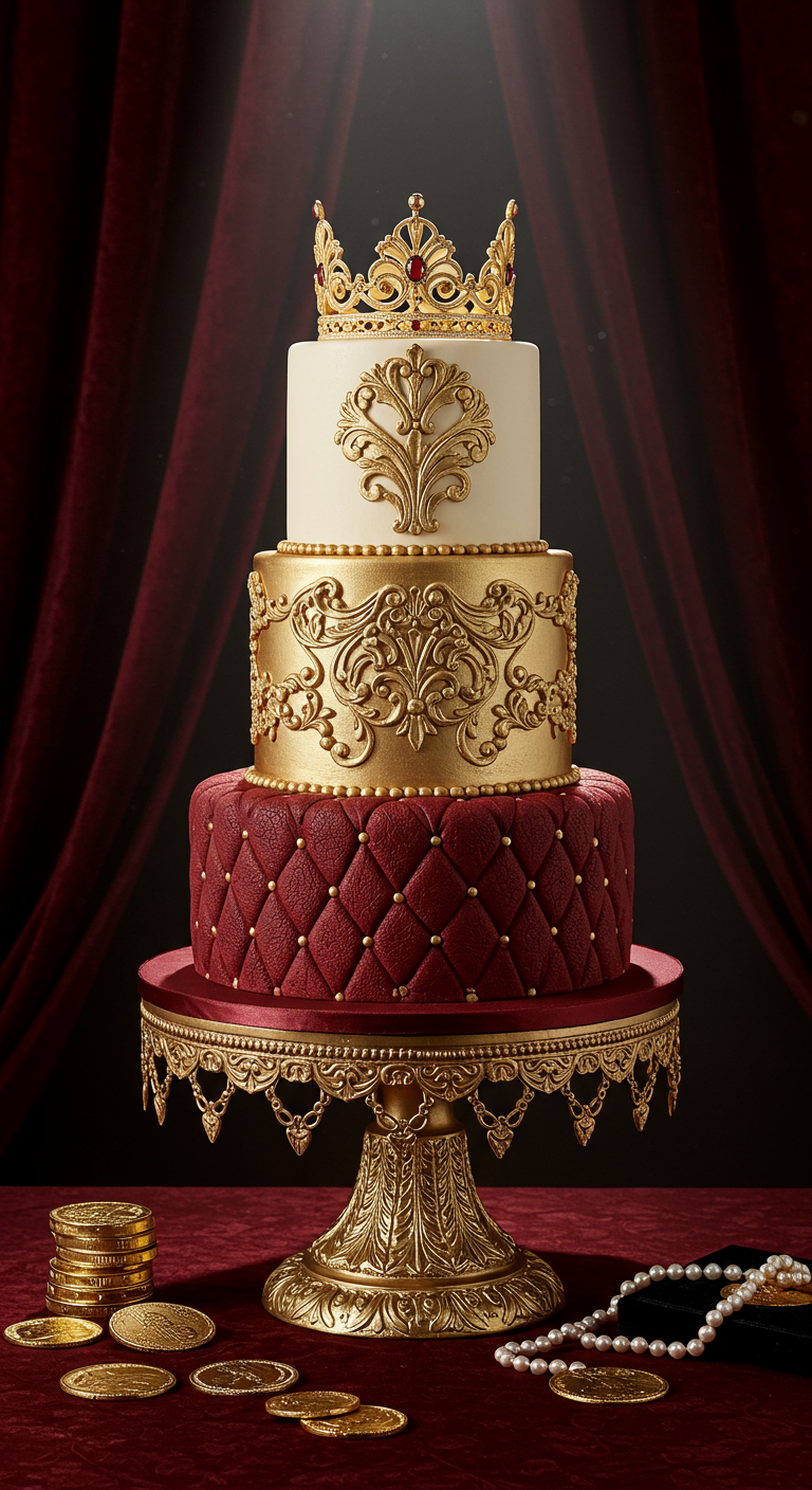 Dreistöckige Torte in Rot, Gold und Creme mit aufwendigen Ornamenten und goldener Krone.