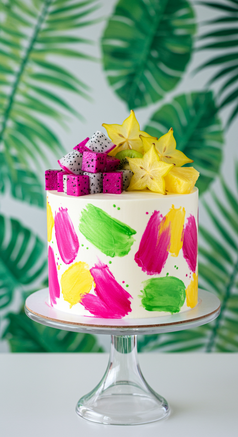 Weiße Torte mit bunten Pinselstrich-Dekoelementen, Drachenfrucht und Sternfrucht.