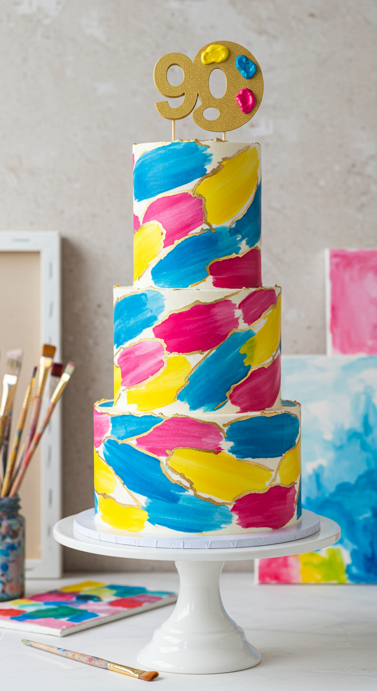 Dreistöckige weiße Torte mit abstrakten Pinselstrichen in Pink, Gelb, Blau und Goldrändern.