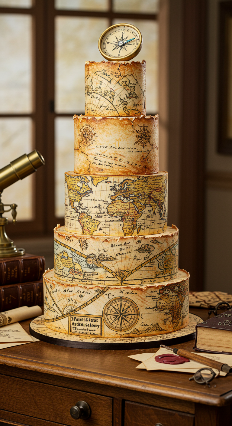 Hohe, mehrstöckige Torte, komplett mit antiken Weltkarten-Motiven überzogen, Kompass-Topper.