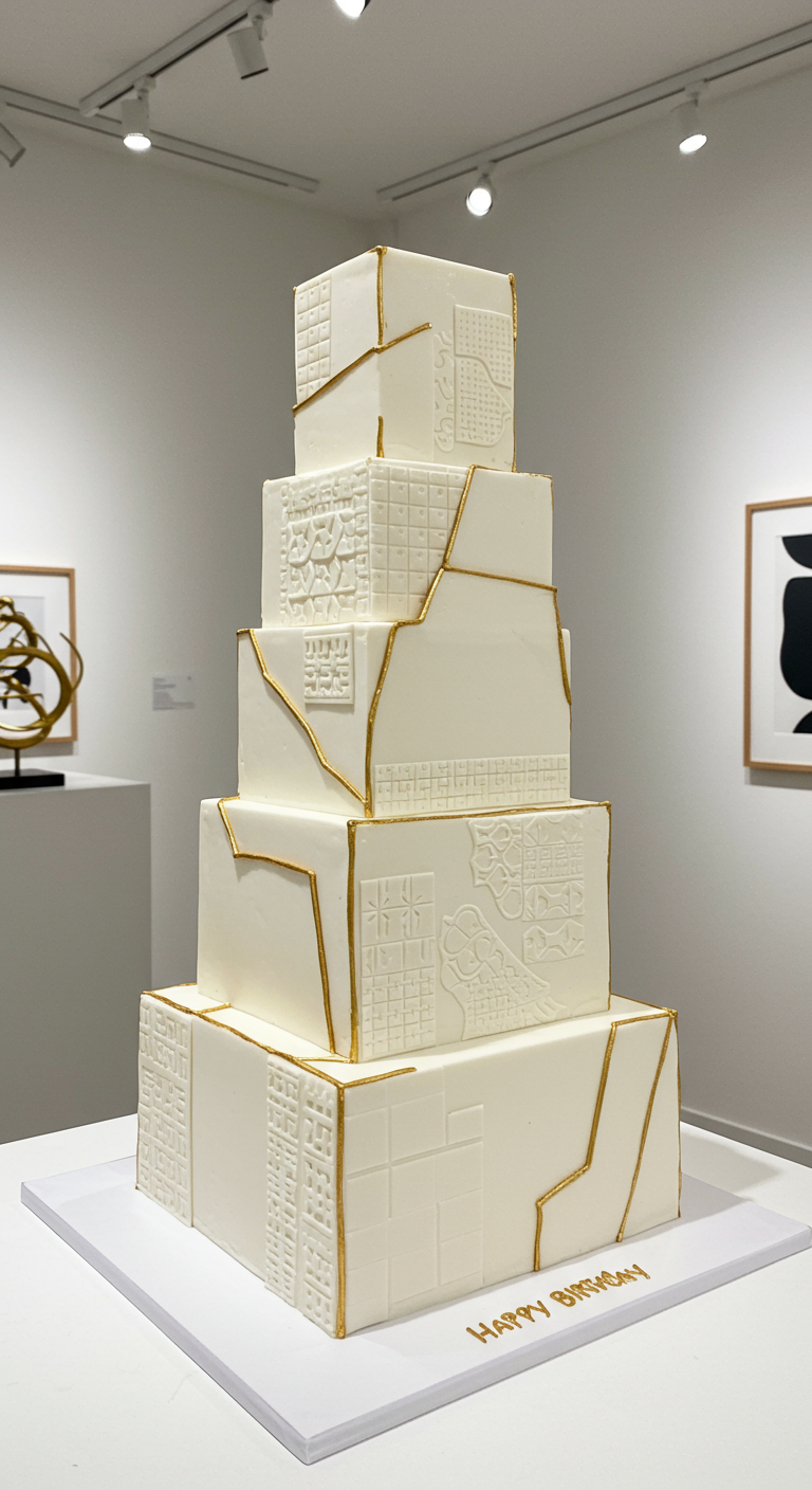 Hohe, mehrstöckige quadratische weiße Torte mit goldenen Kintsugi-Rissen und eingeprägten Mustern.