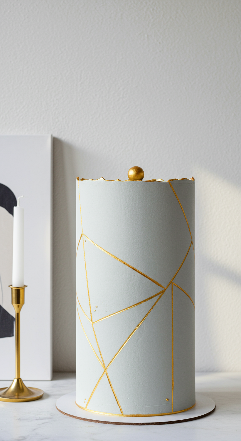 Hellgraue Torte mit goldenen Linien im Kintsugi-Stil und goldener Kugel.