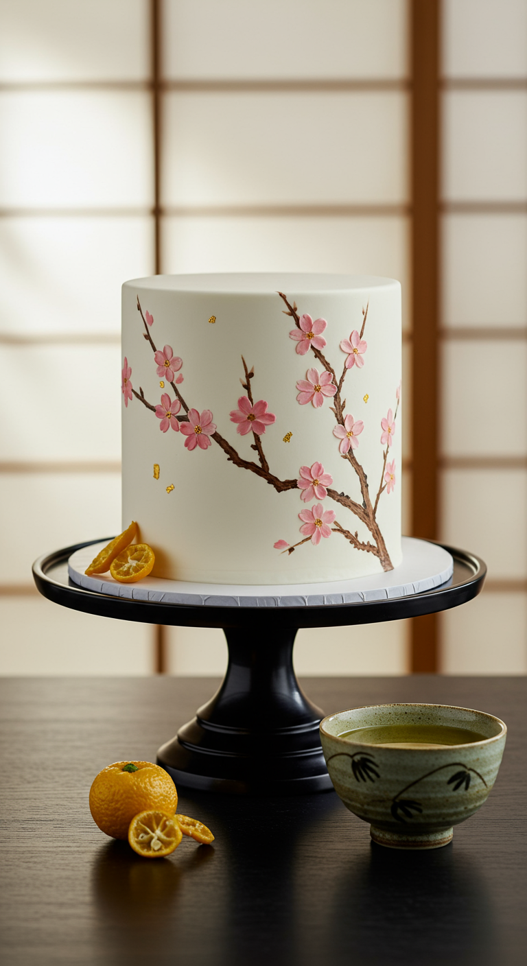 Weiße Torte mit handgemalten rosa Kirschblüten und frischen Kumquats.