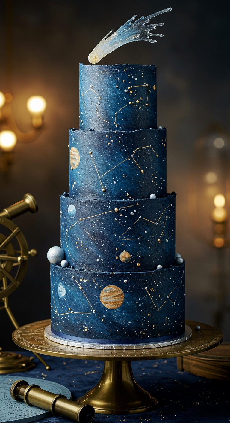Vierstöckige Galaxie-Torte mit Planeten, Sternbildern und Kometen-Topper.